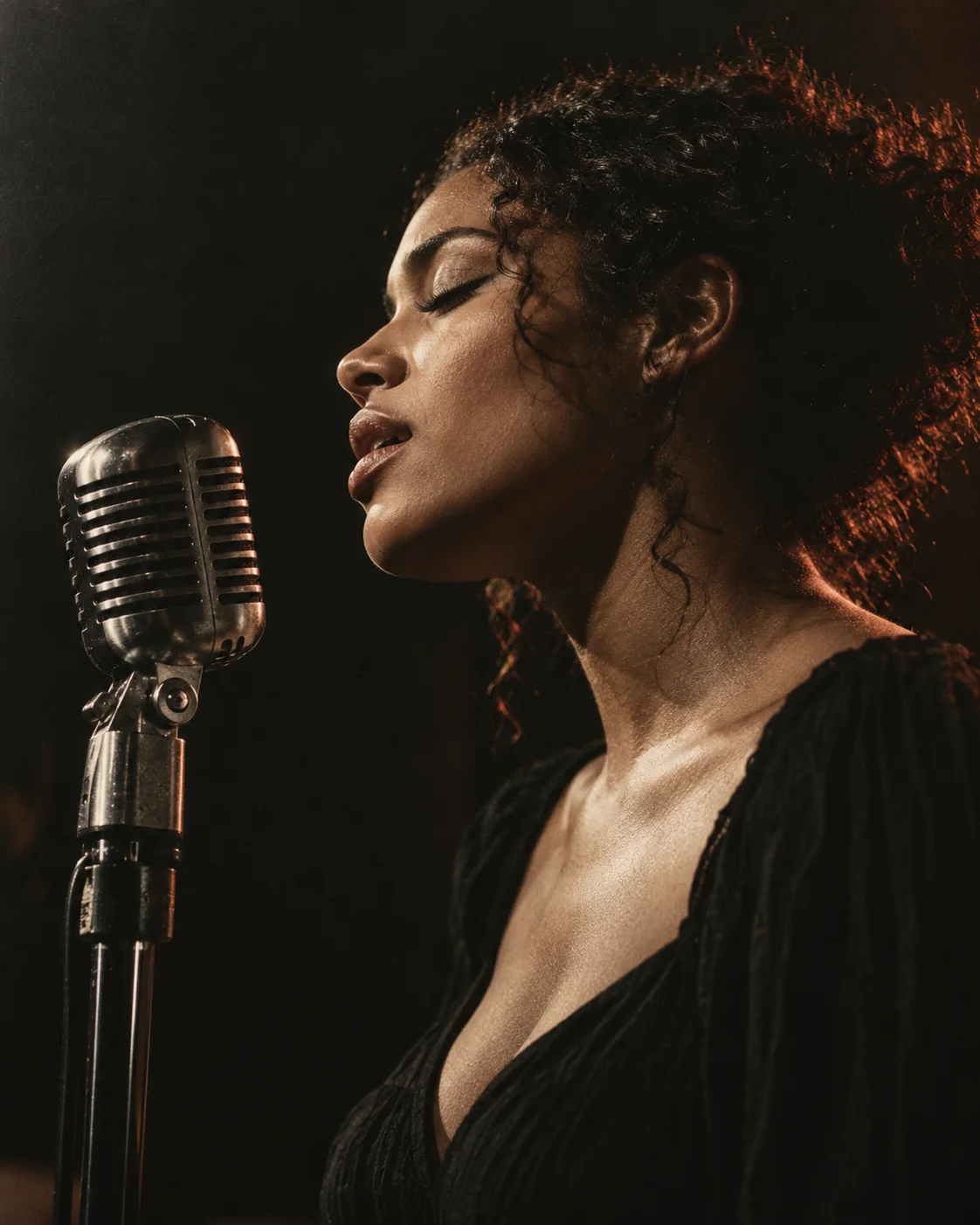 A soul singer with her eyes closed, singing into a vintage microphone